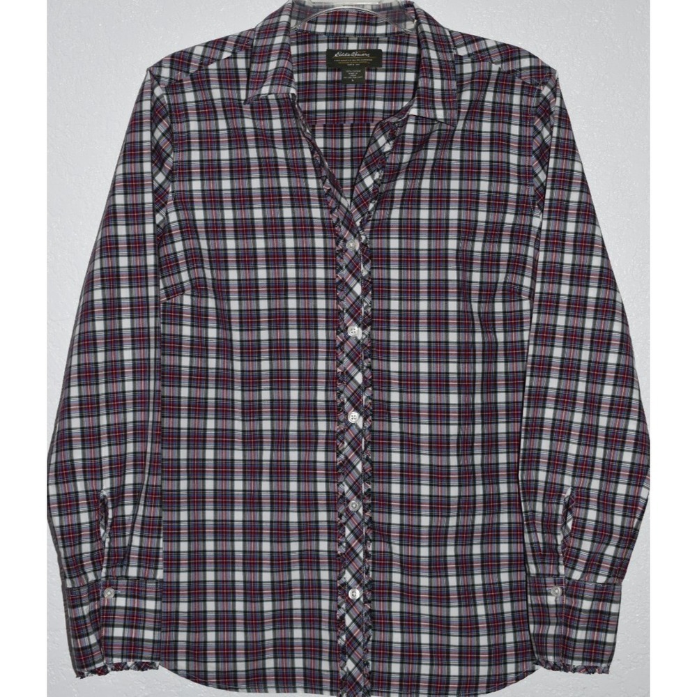 Eddie Bauer Large Tartan Plaid Ruffle Button Front Blouse Cottagecore Long Slv